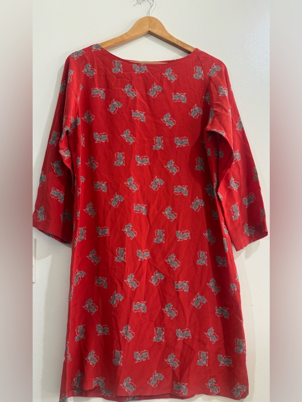 Tucker Red Printed Long Sleeve Shift Dress with Blue Accents